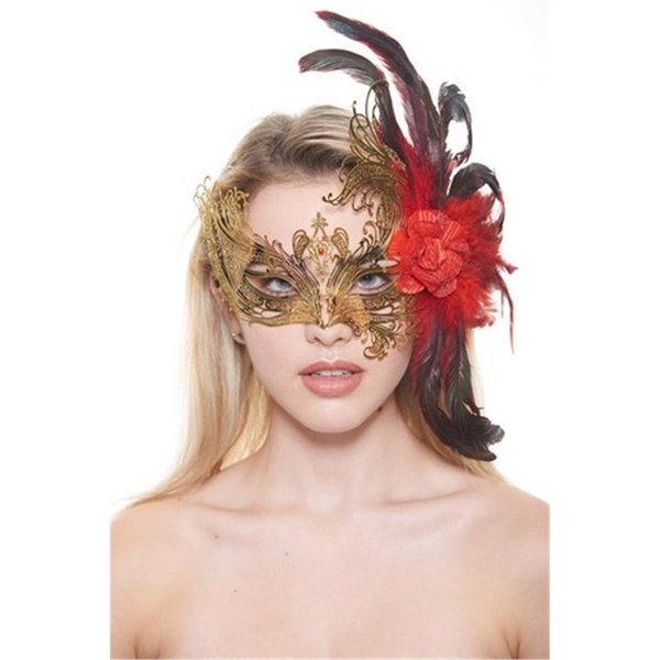 Perfectpretend Majestic Gold Swan Laser Cut Masquerade Mask with Feathers  Red Flower Arrangement One Size PE366238